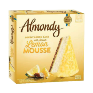 Almondy Lemon Mousse Cake. V1329 10x 400g Lovely lemon cake with smooth lemon mousse. MAY CONTAIN PEANUTS AND OTHER NUTS.