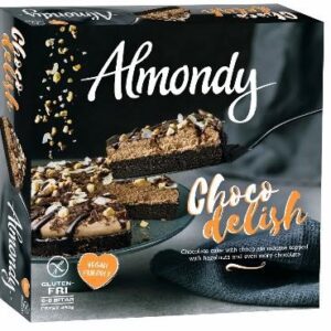 Almondy Choco Delish Cake (Vegan). V1330 10x 450g. Chocolate Cake with chocolate mousse topped with hazelnuts and even more chocolate. MAY CONTAIN ALMONDS AND PEANUTS.