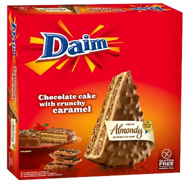 Almondy DAIM Cake. V1325 12x400g. Chocolate Cake with crunchy caramel. MAY CONTAIN PEANUTS AND OTHER NUTS.