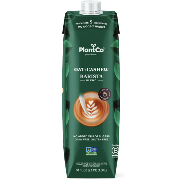 Oat Cashew Barista. Made with just 5 ingredients Free from food additives. No added sugars. Flavor reminiscent of milk Creates perfect foam for coffee. Low in Gluten. No soy. PLBARISTA 12x 1L (12L Net).