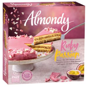 Almondy Ruby Passion Cake. V1333 12x 400g. Almond cake with a smooth passion fruit cream covered in Ruby chocolate and topped with white chocolate. MAY CONTAIN PEANUTS AND HAZELNUTS.