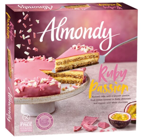 Almondy Ruby Passion Cake. V1333 12x 400g. Almond cake with a smooth passion fruit cream covered in Ruby chocolate and topped with white chocolate. MAY CONTAIN PEANUTS AND HAZELNUTS.