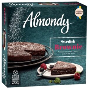 Almondy Swedish Brownie Cake. V1331 12x 400g. A Nordic chocolate creation with a soft heart. MAY CONTAIN ALMONDS, PEANUTS AND HAZELNUTS.