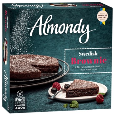 Almondy Swedish Brownie Cake. V1331 12x 400g. A Nordic chocolate creation with a soft heart. MAY CONTAIN ALMONDS, PEANUTS AND HAZELNUTS.