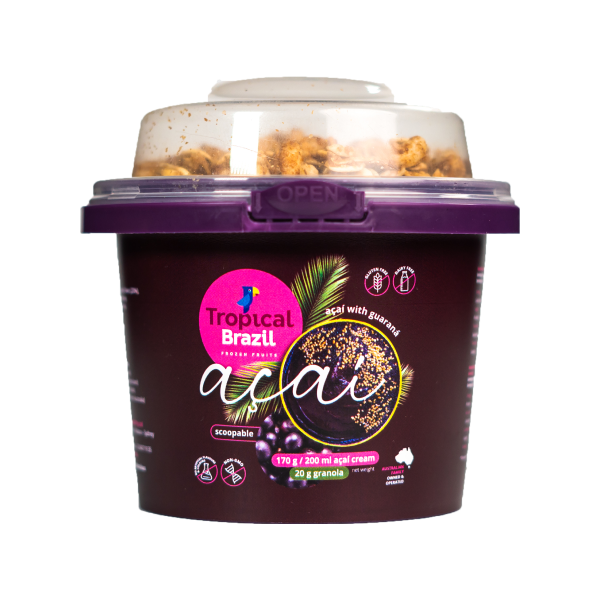 Acai Cream Original + Granola. A convenient Grand & Go 190g Original Acai mixed with Guarana and topped with a delicious crunchy Granola. Spoon is available within the packaging. AOTB.190 12x 190g (2.28Kg Net)