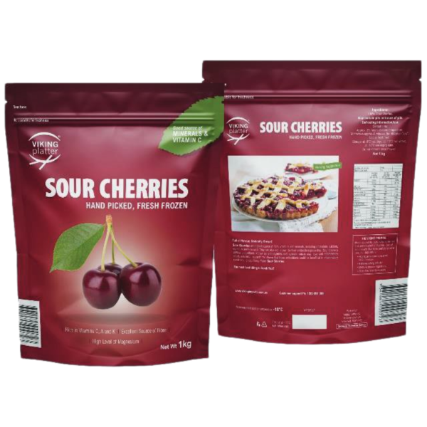 Viking Platter Sour Cherries. 100% Sour Cherries (Pitted). VP9127 6x 1kg (6Kg Net). MAY CONTAIN PITS OR TRACES OF PITS