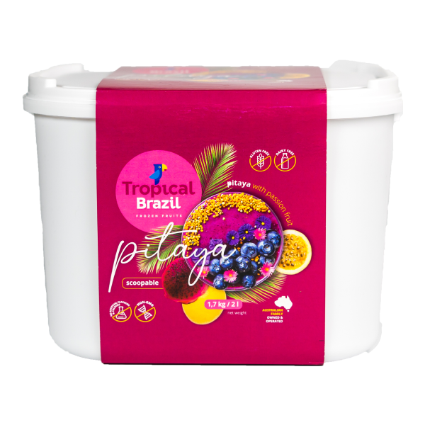 Pitaya & Passion Fruit Cream 1.7Kg Pitaya is a nutrient-packed fruit found in tropical regions and is a good source of Vitamins C, A, antioxidants and fiber. Passion fruit contains a lot of antioxidants. In particular, it’s rich in vitamin C, beta carotene, and polyphenols. Polyphenols are plant compounds that have a range of antioxidant and anti-inflammatory effects. Tropical Brazil Pitaya and Passion Fruit Scoopable Puree is a colourful blend with mouth-watering taste and great texture. It’s ready to be served! The 1.7kg Tub comes in a carton with 6 units and it is very versatile package size to supermarkets, health shops and food service outlets. This product is made with fresh and premium fruits from the Amazon rainforest. Gluten free. Dairy free. Vegan friendly. Scoopable. Suitable to Soft Serve Machines.